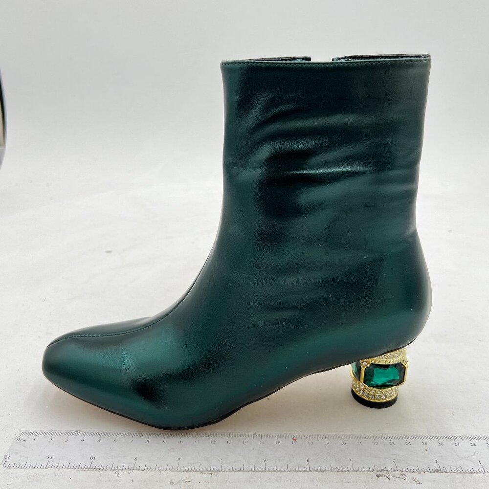 Women's Dark Green Chunky Crystal Gem Heel Ankle Boots Closed Square Toe Bootie